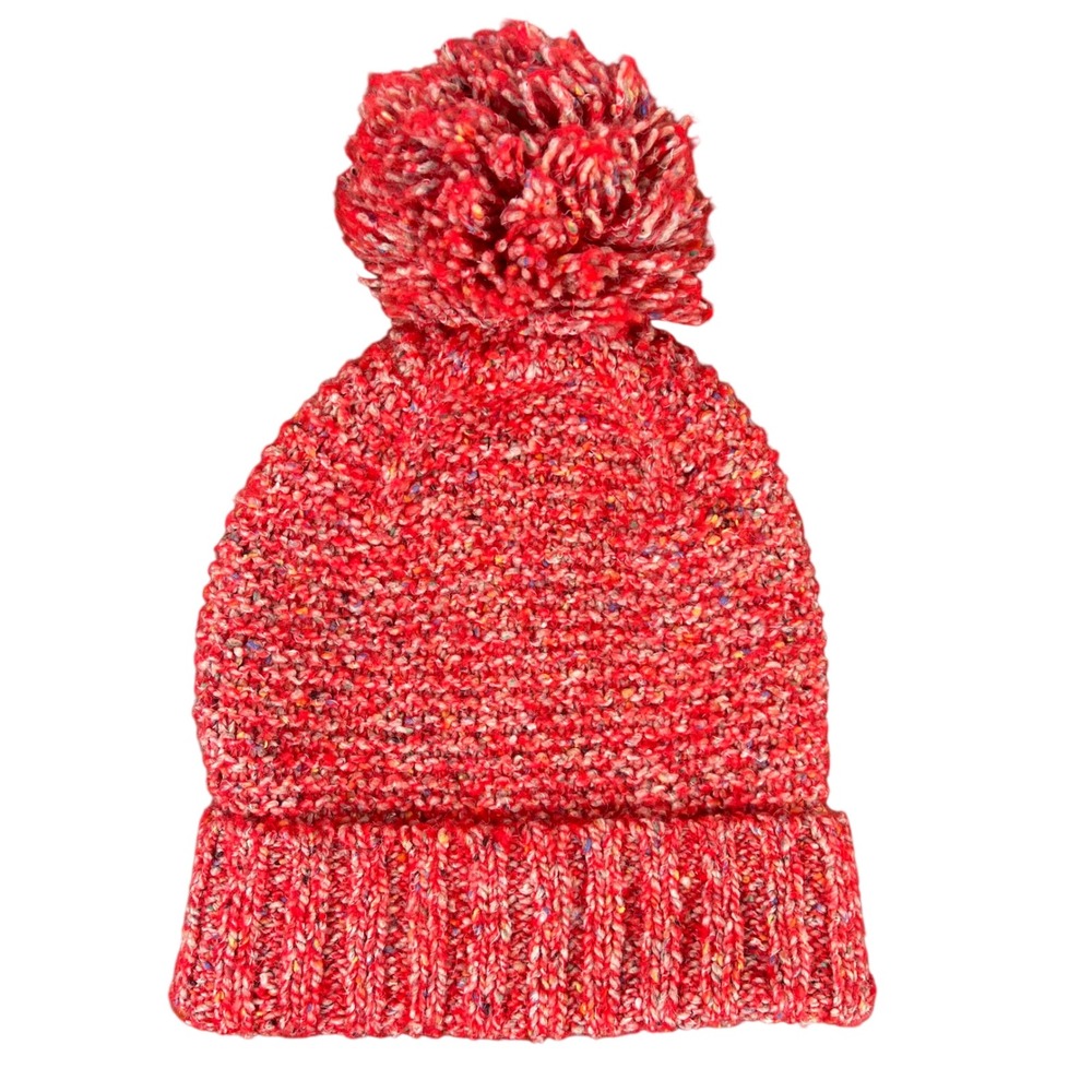 J.Crew Red Marl Wool Blend Speckled Pom-Pom Beanie Hat F8737 Holiday Winter